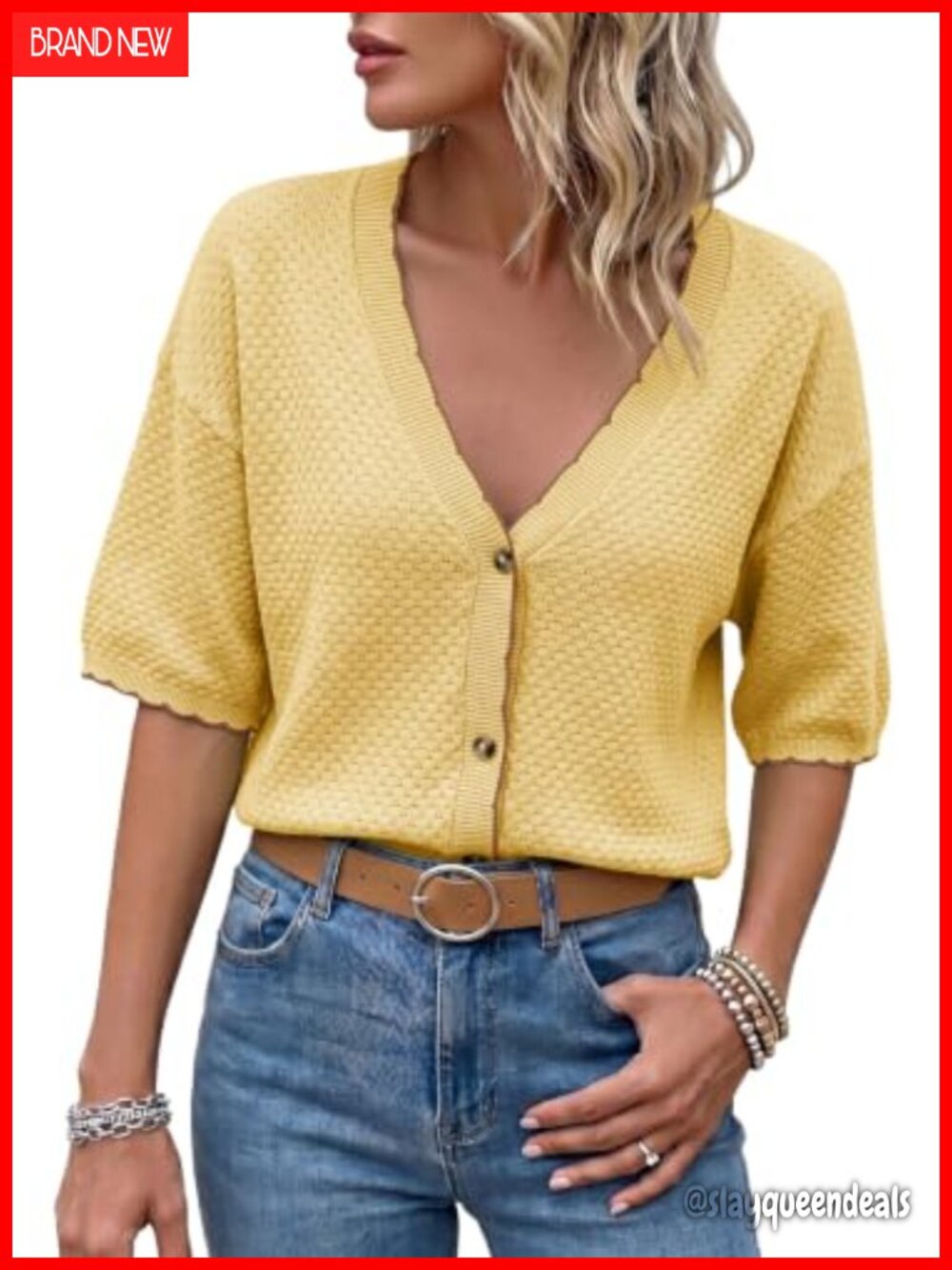 Textured Knit Short Sleeve Button Down Cardigan V-Neck Casual Cotton Top